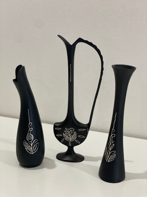 Bidri Silver Inlay set of 3 Vase - Vintage Black Metallic Vase: Floral Etched Pitcher with Handle