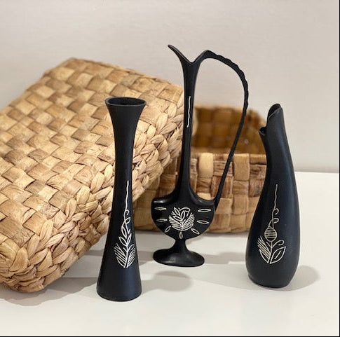 Bidri Silver Inlay set of 3 Vase - Vintage Black Metallic Vase: Floral Etched Pitcher with Handle
